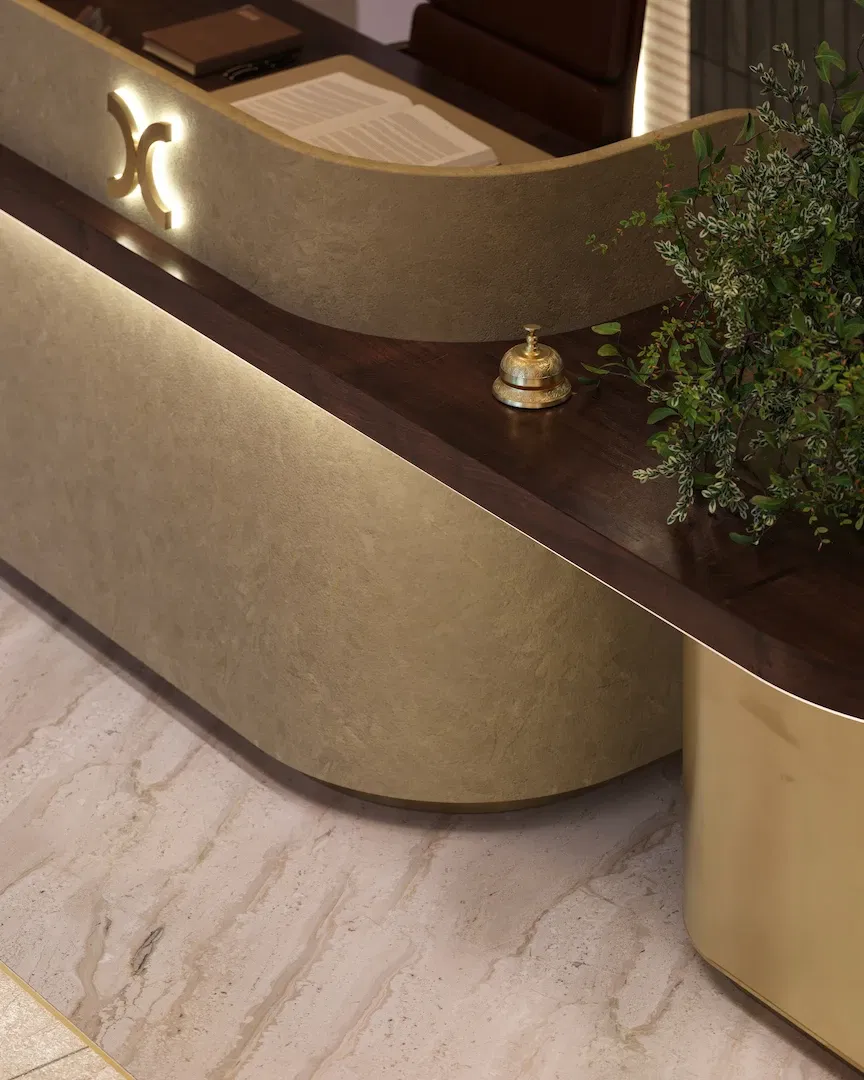 Dettaglio lobby interna Mia Tower con finiture contemporanee