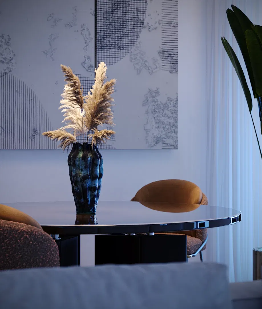 Close-up living trilocale con dettagli di interior design Mia Tower