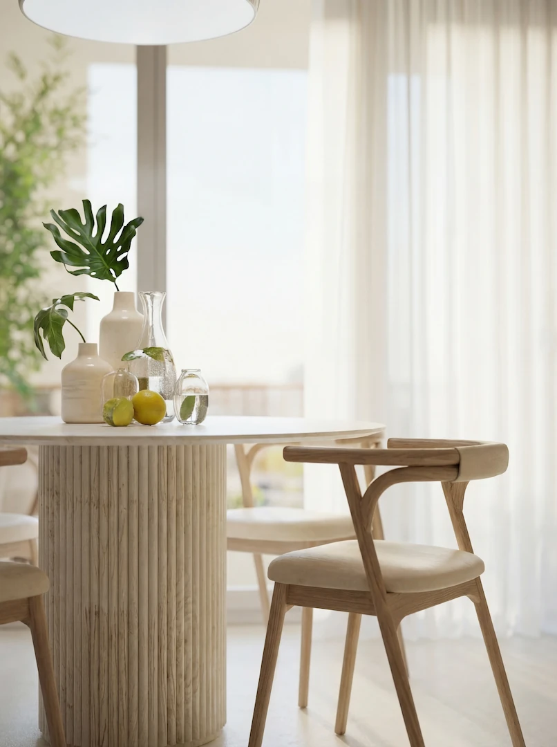 Close-up of a three-room apartment living area with interior design details at Mia Tower
