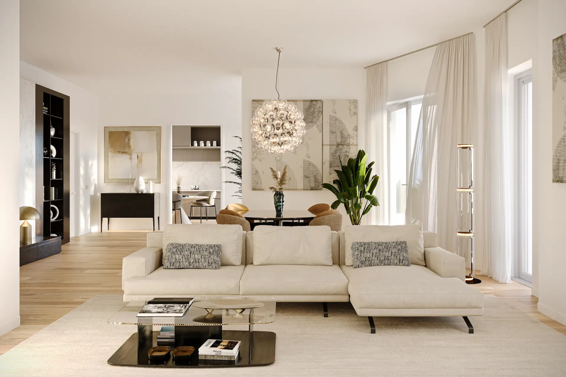 Three-room apartment living area detail with bright daytime space at Mia Tower