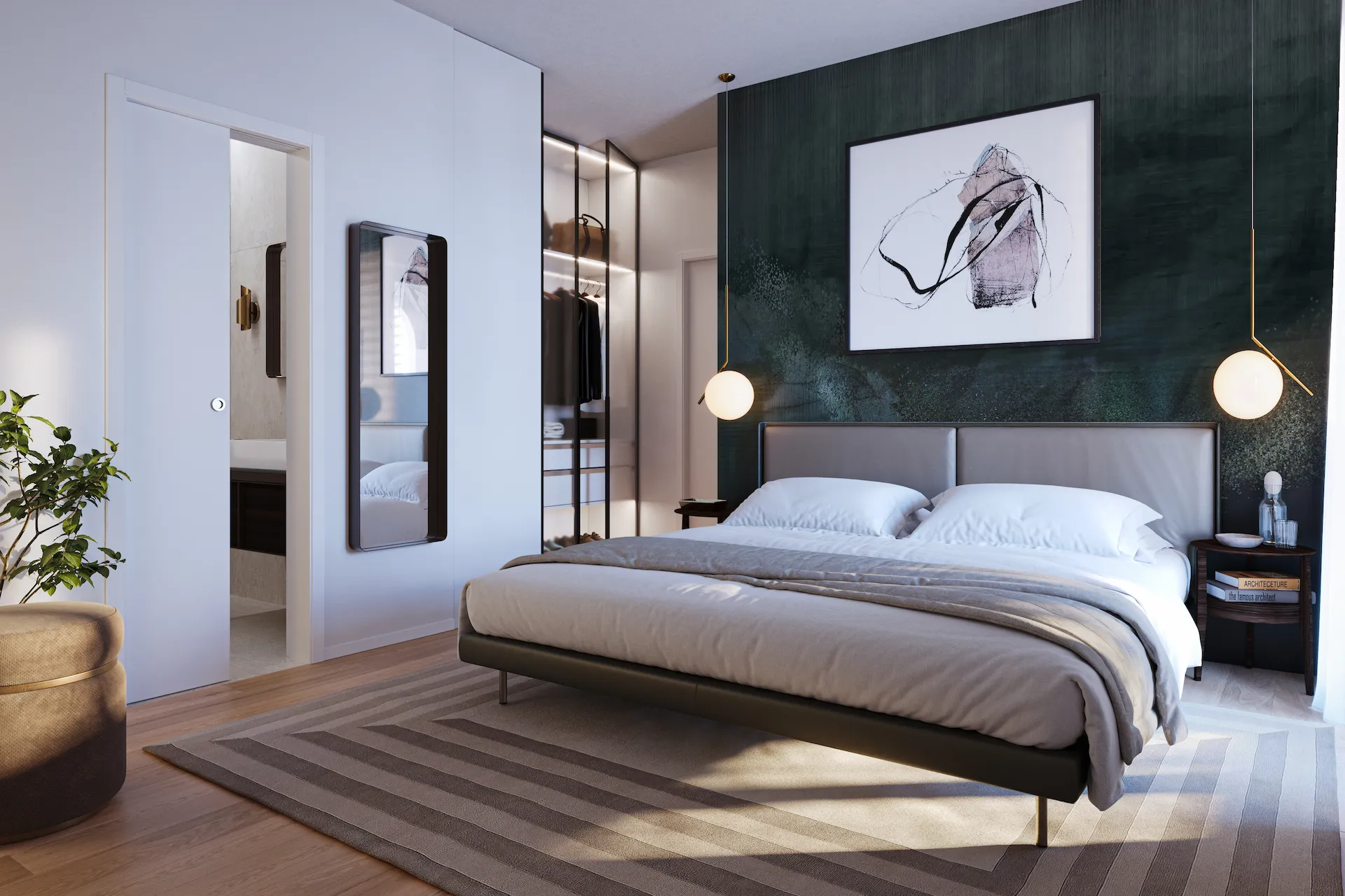 Bedroom detail of a three-room apartment on the 8th floor at Mia Tower