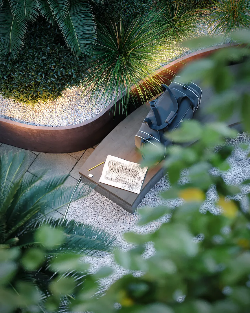 Close-up of the Mia Tower shopping courtyard