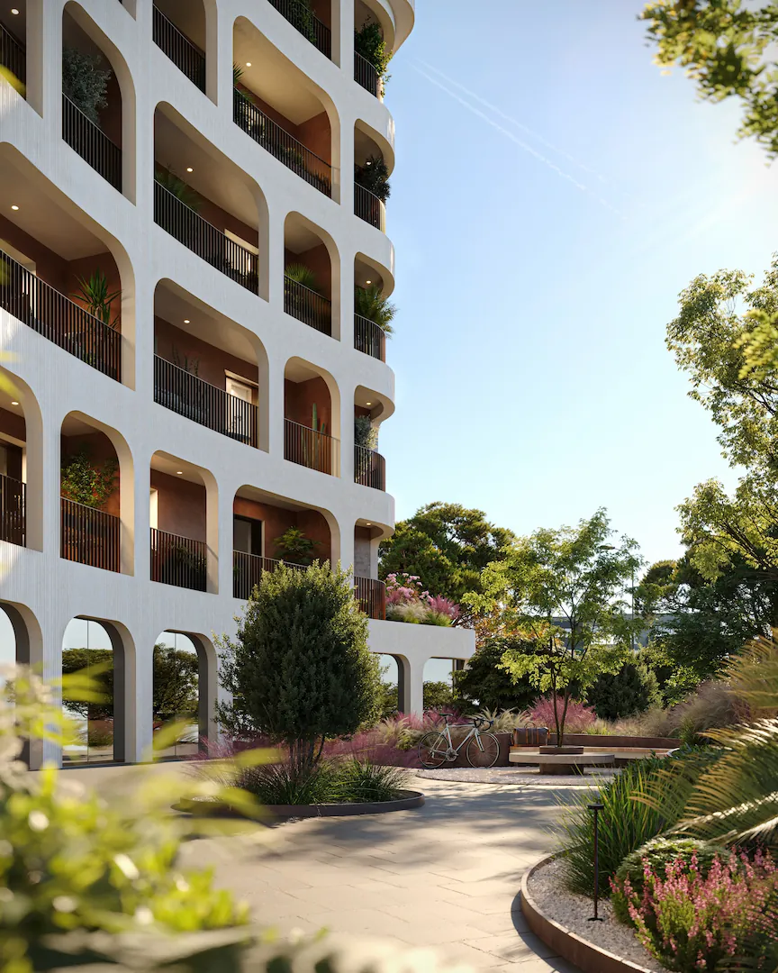 Close-up of the commercial courtyard area with greenery in Mia Tower